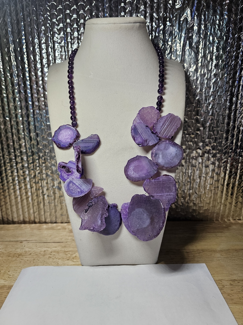 Purple Natural Agate Slice Statement On Sterling Silver 925 Necklace